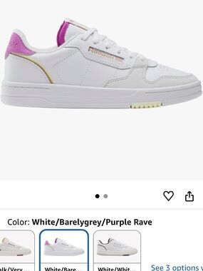 Reebok White Sneakers with Purple Heel and Gold Trim
